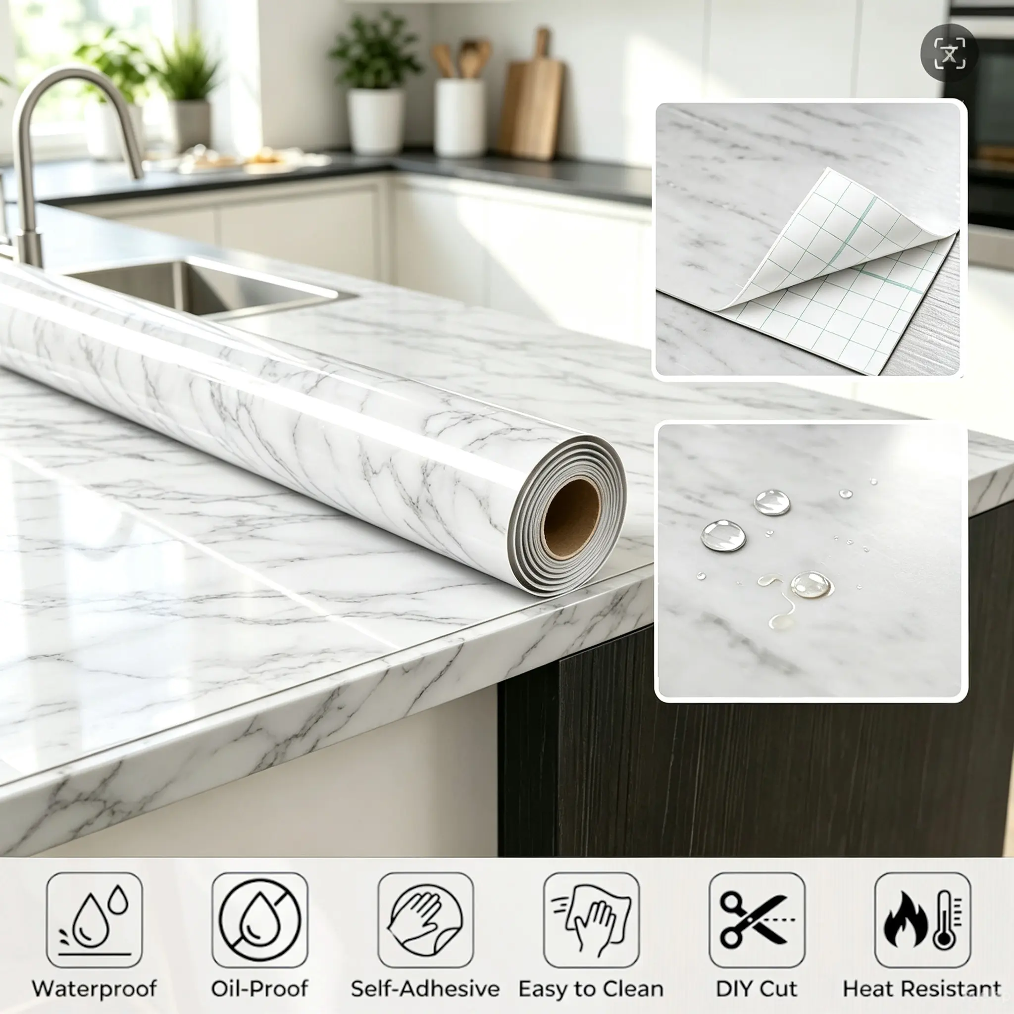 Self Adhesive Marble Contact Paper Peel and Stick Removable Granite Wallpaper, Waterproof Vinyl Decor Roll for Kitchen Countertops, Cabinets, Drawers & Backsplash