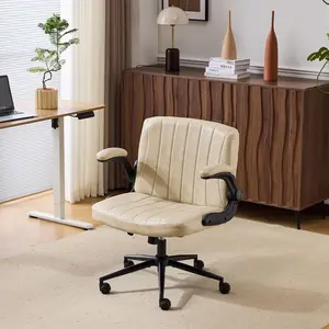 VINGLI Criss Cross Chair with Adjustable Flip-Up Arms,Cross Legged Chair with Wheels, Extra Wide Office Chair,Comfortable Desk Chair for Home Office, Vanity, Bedroom, PU Leather,Ivory White