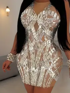 Sheik Apparell Rhinestoned Crew Neck Mesh Tank Dress, Sexy Sleeveless Bodycon Dress For Club & Party, Women's Clothing