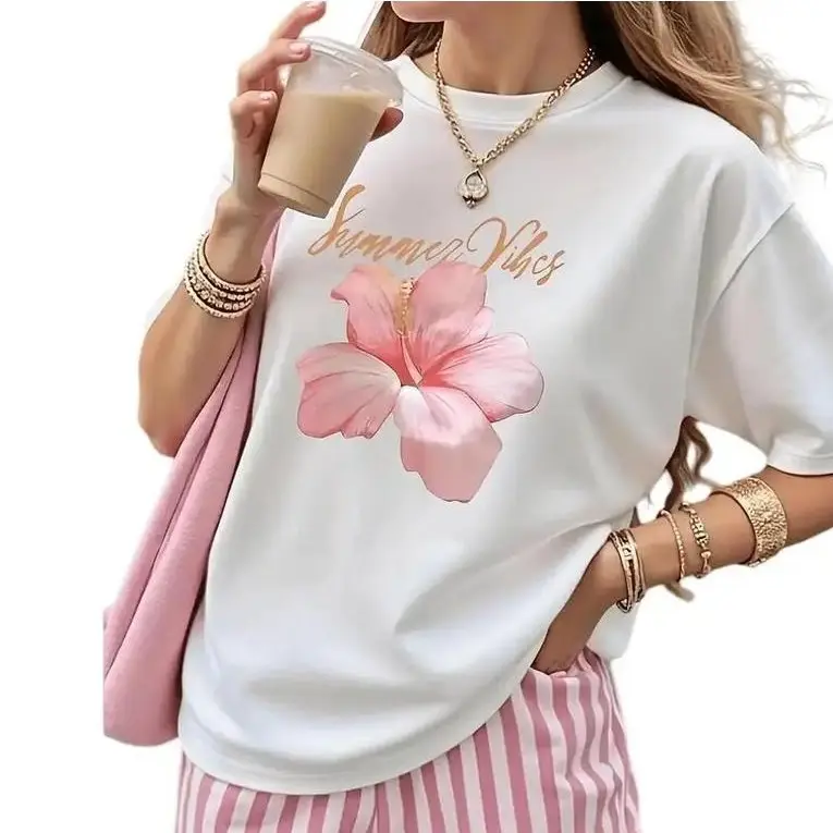 Women’s Pink Flower T-Shirt, Summer Vibes Graphic Tee, 100% Cotton Casual Short Sleeve Shirt