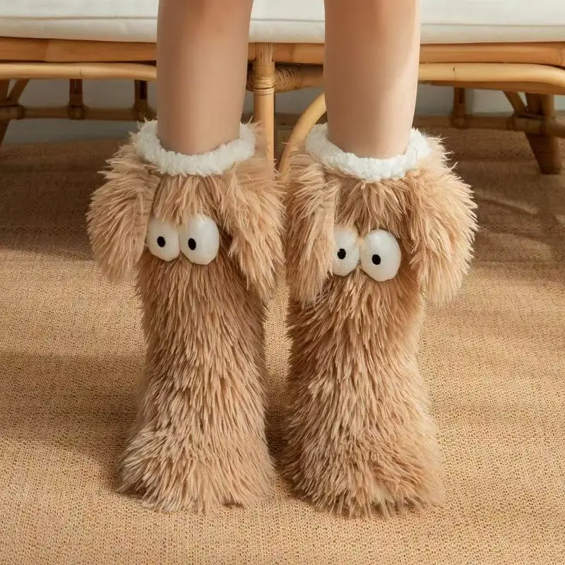 Women's Plush Slippers Socks Floor Socks Winter Home Indoor Thickened Fleece-Lined Anti-Slip Adult Women's Plush Snow Socks Shoe Covers