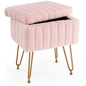 Vanity Stool Chair with Storage, Ottoman Faux Fur Soft Padded Makeup Footstools Seat Modern Footrest for Home Entryway Bedroom