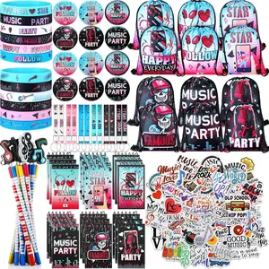 128 pcs music theme party supplies include 12 silicone bracelets 12 keychains 12 badges 12 pencils 12 drawstring bag 18 spiral notepads 50 musical stickers for kids birthday party music