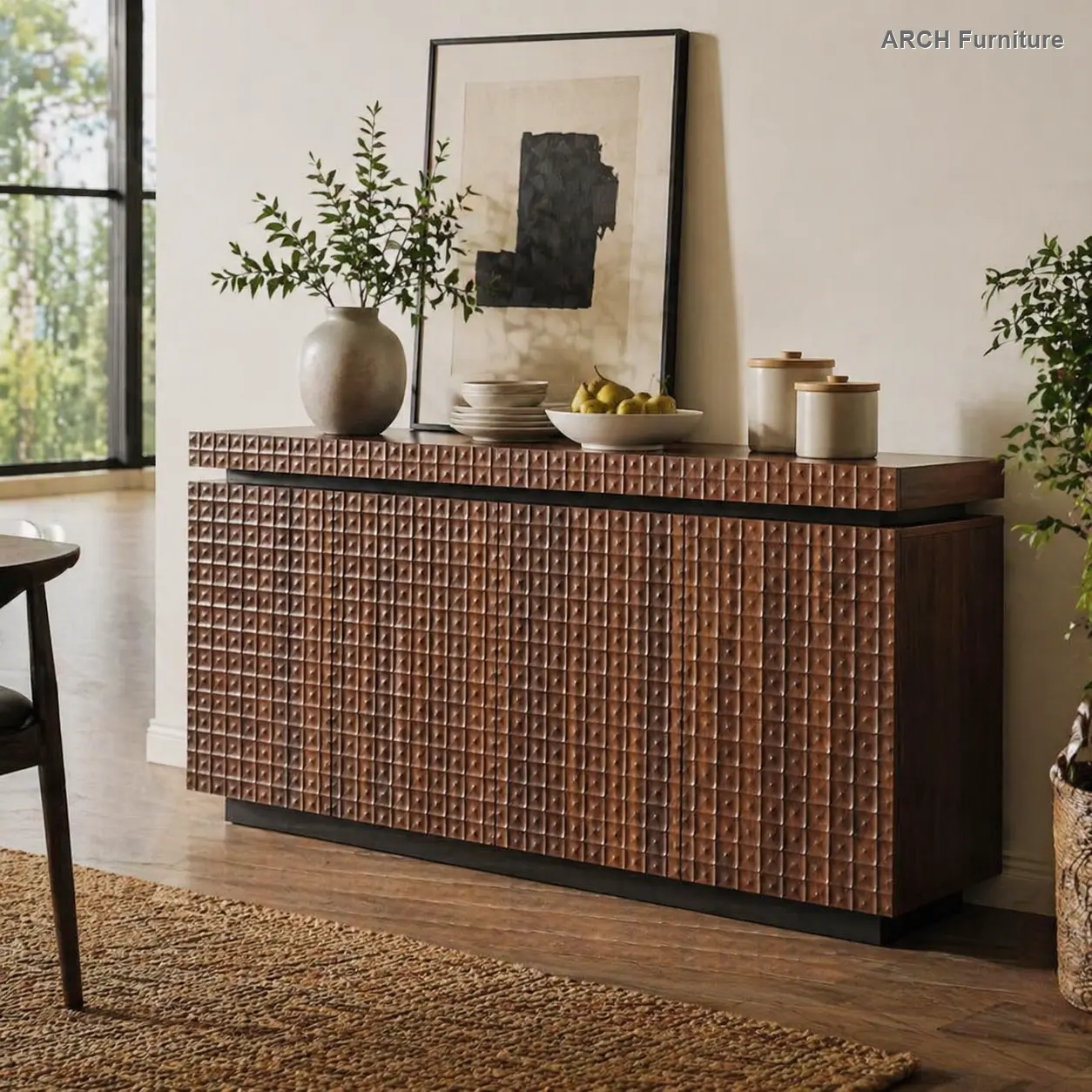 ARCH 58.3" Wide Brown 4-Door Modern Accent Sideboard Buffet Cabinet - Hidden Compartments, Openable, Organization Compartments, Secure Storage Freestanding Anti-Dumping Floor Cabinet for Kitchen, Living Room, Hidden Compartments Sideboards, Openable Sideb