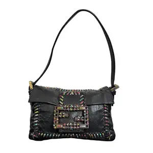 Pre-owned FENDI wax leather Shoulder Bags Vintage Black Soft Leather Rainbow Woven Square Buckle Shoulder Underarm Bag, Baguette Bag