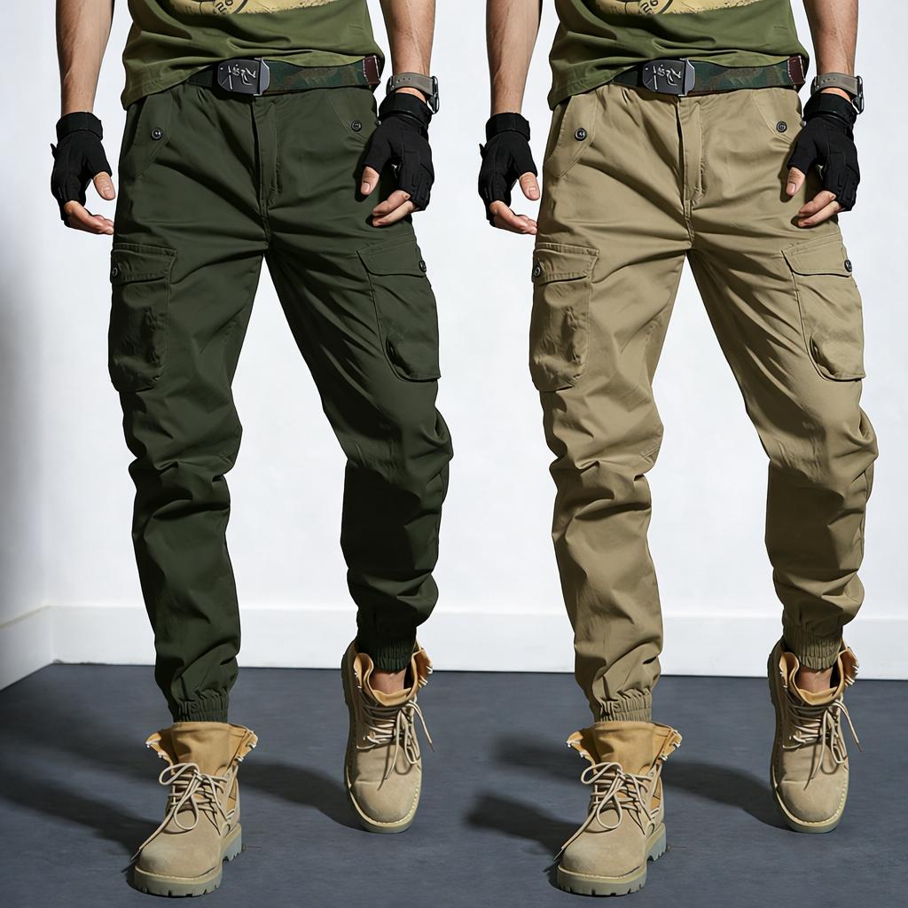 Two-pack: woven plain fabric and solid-color men’s cargo pants featuring an elastic waistband with drawstring, a loose straight tapered fit, multiple pockets including large pockets—ideal for everyday casual wear and work, perfect for cargo outfits and ou