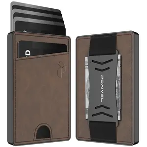 Swype Slim Metal Wallet for Men, RFID Blocking Pop Up Mens Wallet, Durable Expandable Cash Strap, Aluminum Credit Card Holder, Brown