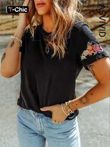 Women's Floral Embroidered Solid Color Round Neck Short-sleeved T-Shirt Tee Fit, Casual Basic Top for Summer Daily Wear, Ladies Clothes