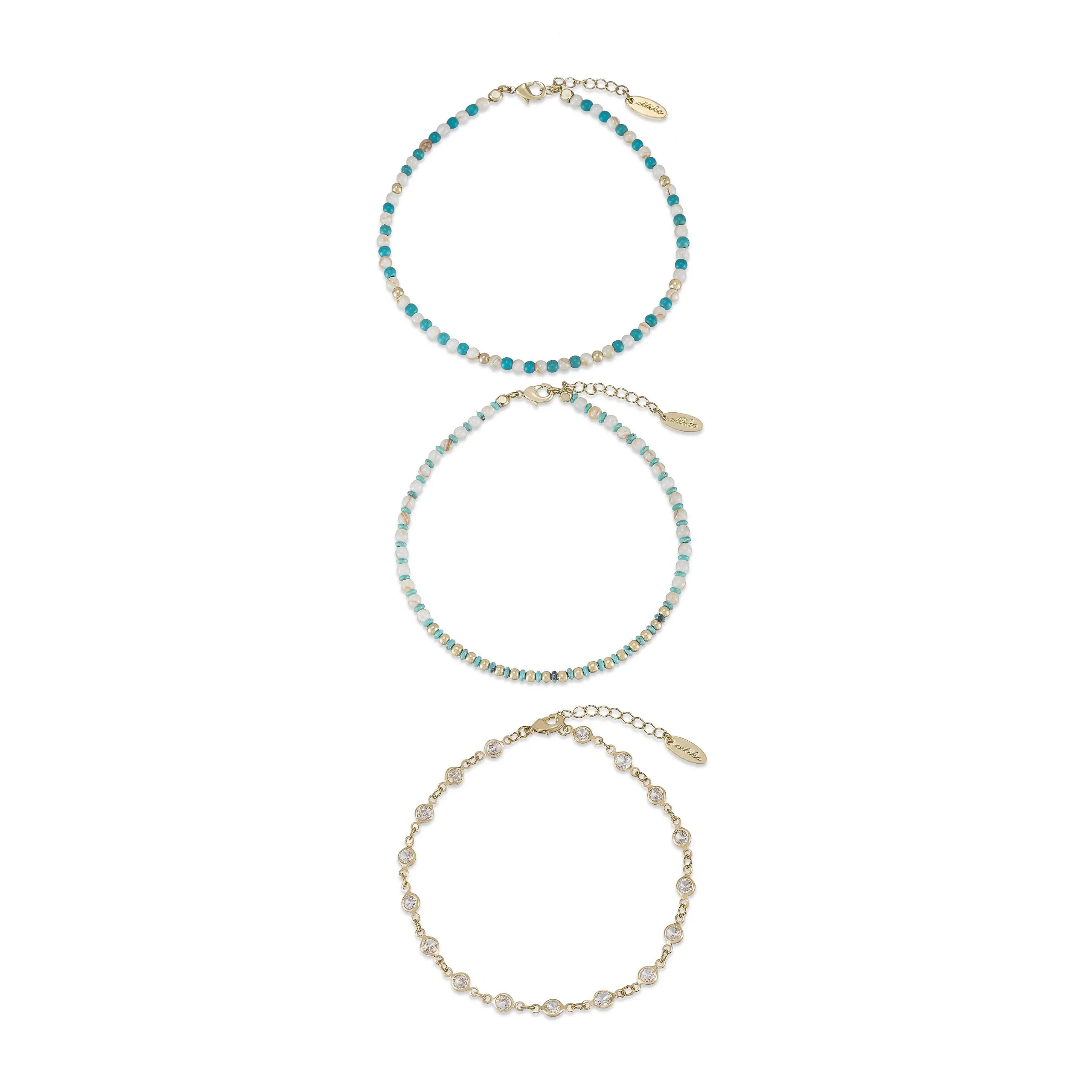 Ettika Turquoise Malibu Breeze Anklet Trio - Set of Three Beaded Anklets with Decorative Chain, Featuring Turquoise and White Beads