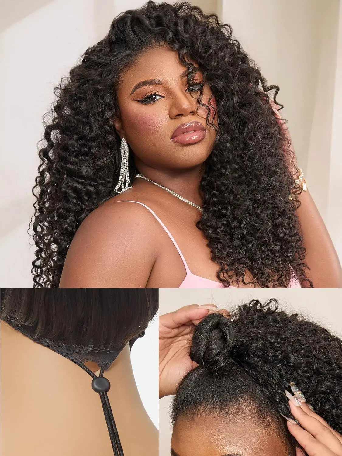 24 Inch Curly Half Wig Human Hair 3 In 1 200% Density Water Wave Seamless Half Wig Human Hair Wear and Go Glueless Wigs Human Hair Drawstring Headband Wig for Women Beginner Friendly