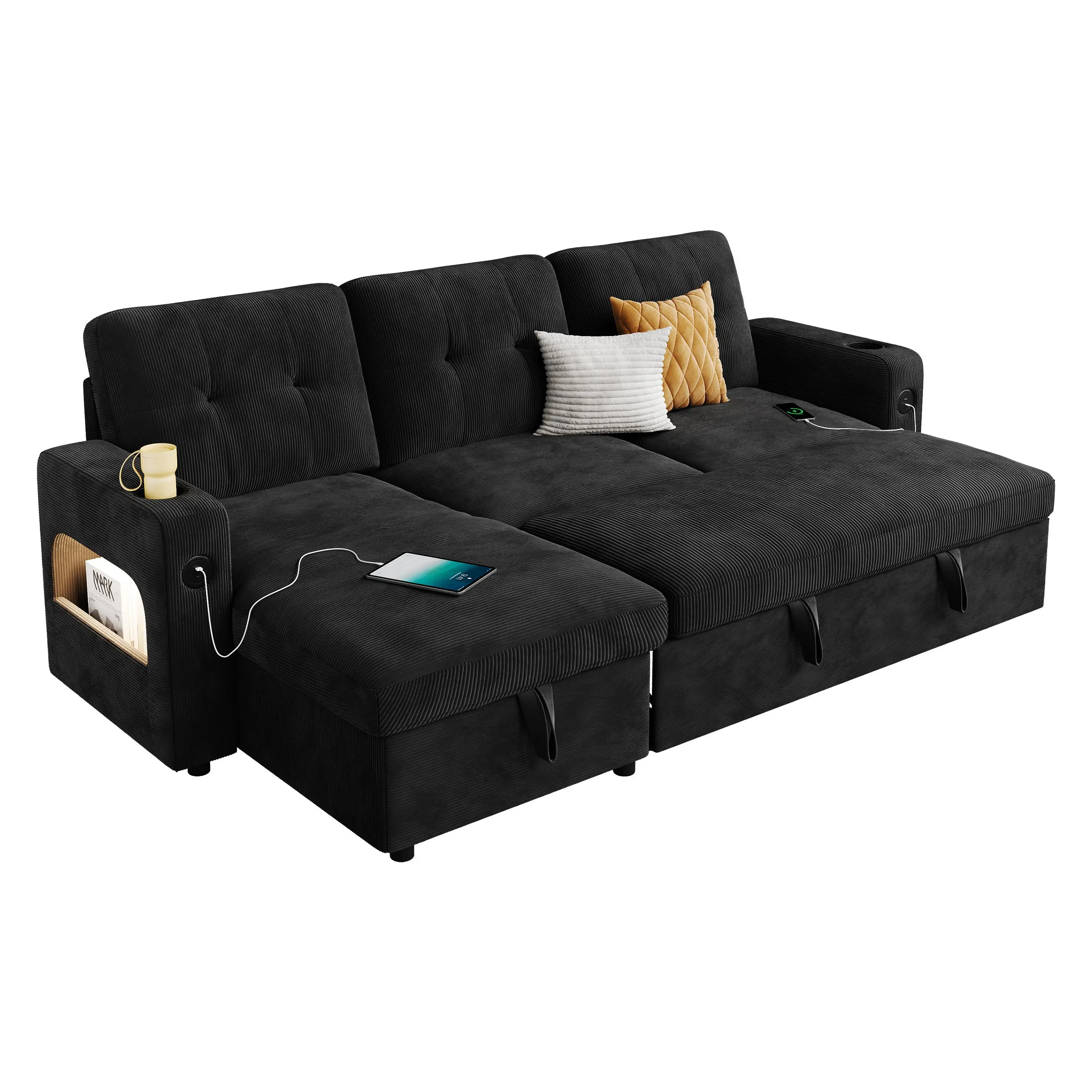 Modular Storage Sofa Bed with RGB Light Strip 2 in 1 Convertible Sleeper Sofa Built in Storage Multi Functional Cloud Couch with USB Charging Cup Holders Side Pocket Tool Free Assembly Fabric Sectional Sofa for Apartment Living Room