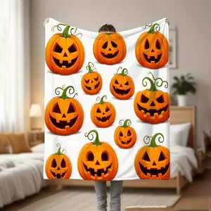 Ultra-Soft Flannel Throw Blanket - Pumpkin Faces on White Background - Lightweight All-Season Couch, Bed, Dorm, Office Blanket - Machine Washable - Cozy Fall Halloween Decor - Available in 30x40 & 60x80 Inches - Perfect Gift for H