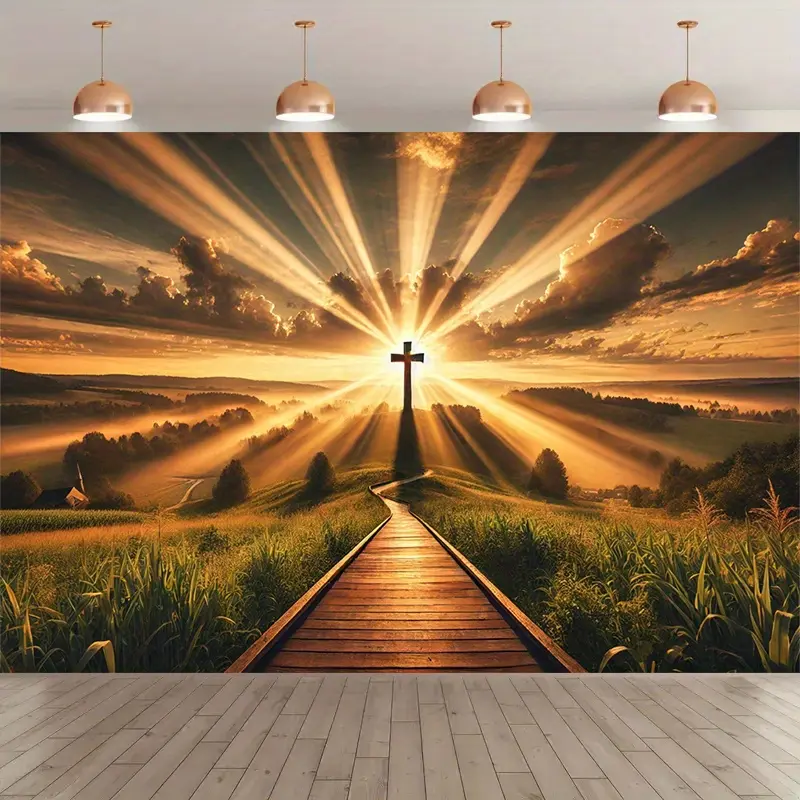 1pc Polyester Religious Gospel Light Backdrop Tapestry, Sunrise Cross Photography Banner, Indoor-Outdoor Wedding Holiday Party Decor, Studio Prop, Home Art Supply