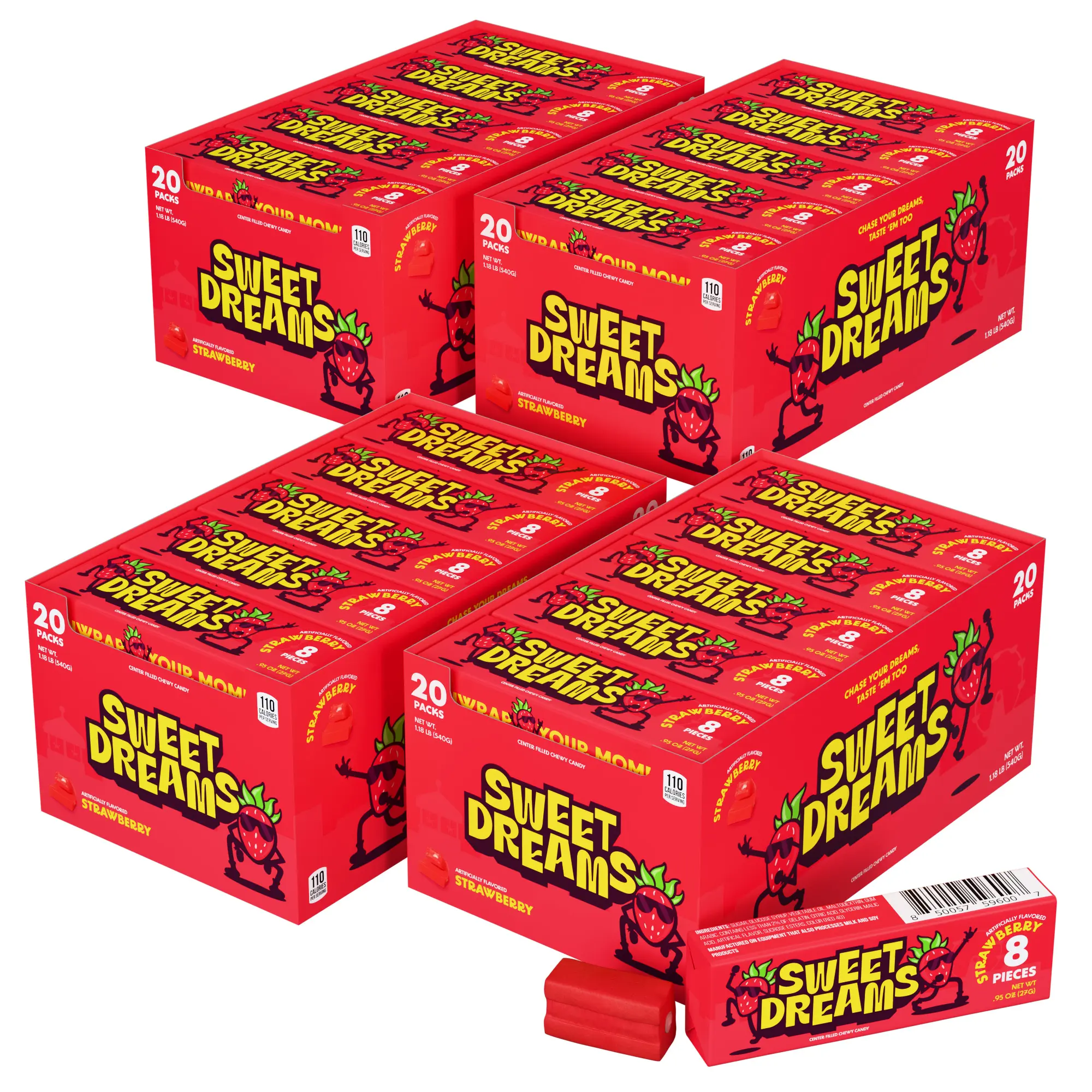 Sweet Dreams Center-Filled Soft Chewy Candy  Gluten-Free Fruit Chews | Strawberry Pack- 20 Sticks Per Box- 8 Pieces Per Stick