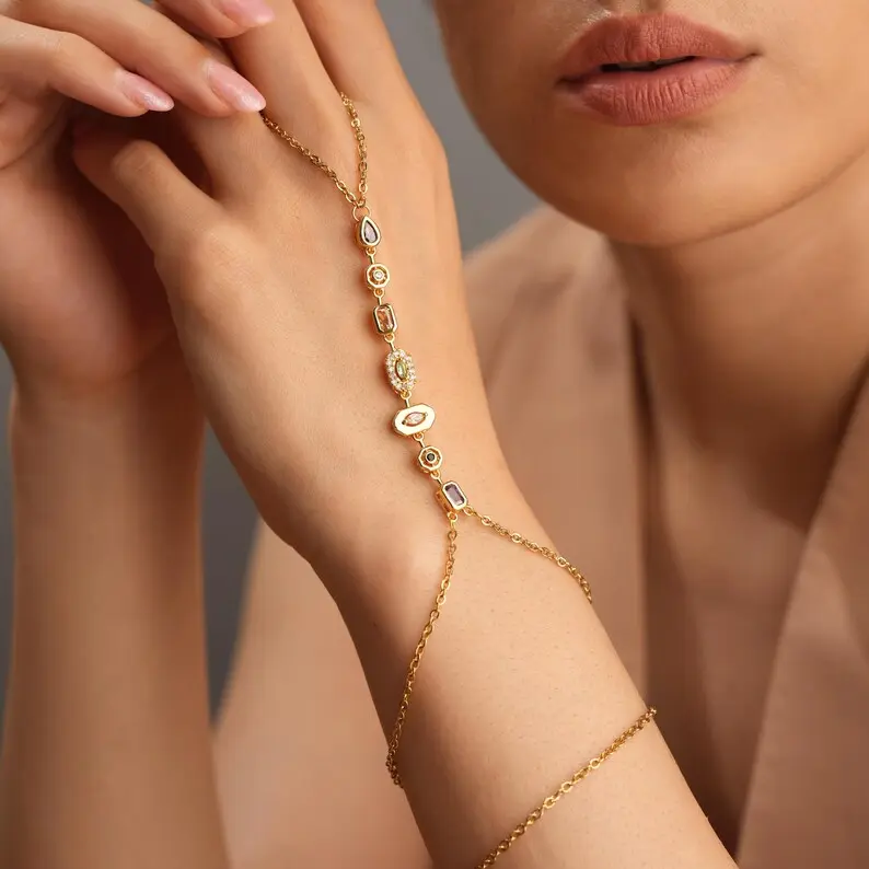 Adjustable Boho 7-Chakra Stone Hand Chain Shahmaran Bracelet Handmade Gold Plated Adjustable Spiritual Jewelry Festival Gift
