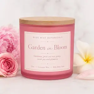 Blue Mist Botanicals Garden in Bloom 22oz Coconut Wax Candle with Gardenia Fresh Cut Rose Peony Sweet Pea and Plumeria Fragrance 80hr Burn Time