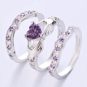 3 Pcs Set Luxury Purple Crystal Ladies Ring Rhinestone Zirconia For Women Party Wedding Engagement Jewelry