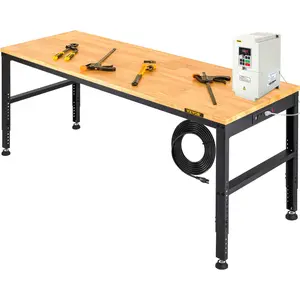VEVOR Workbench Adjustable Height, TikTokShopBlackFriday, 61\" x 20\" Garage Table with 27.1\" - 36\" Heights & 2000 LBS Load Capacity, with Power Outlets & Hardwood Top & Metal Frame & Foot Pads, for Workshop Office Home