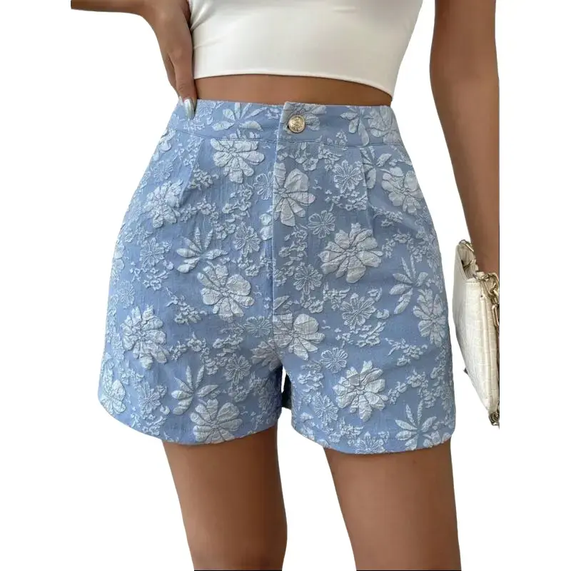 Women's Elegant Floral Jacquard Shorts With Pockets, Random Cut Soft Breathable Bottoms For Spring‑Summer Daily Wear