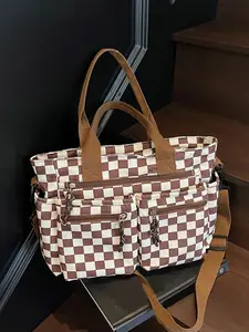 Fashionable large capacity shoulder bag, simple and casual color blocked retro crossbody bag, niche design checkerboard pattern hand in hand bag, suitable for shopping, commuting, attending classes, exercising, working, Checkered Pattern Bag