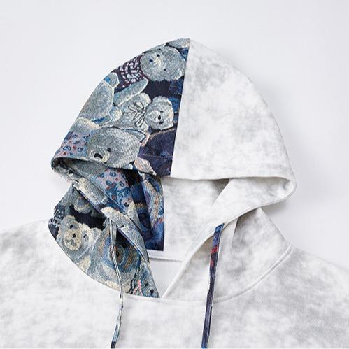 Tie-Dye Embroidered Patchwork Hoodie Men Autumn Winter Trendy Brand Design Loose Fit Jacket, Regular Style, Fleece Lined, Warm Comfortable Soft Mens Long Sleeve Top, Suitable for Casual Daily Wear Travel Outing Pullover Hoodie