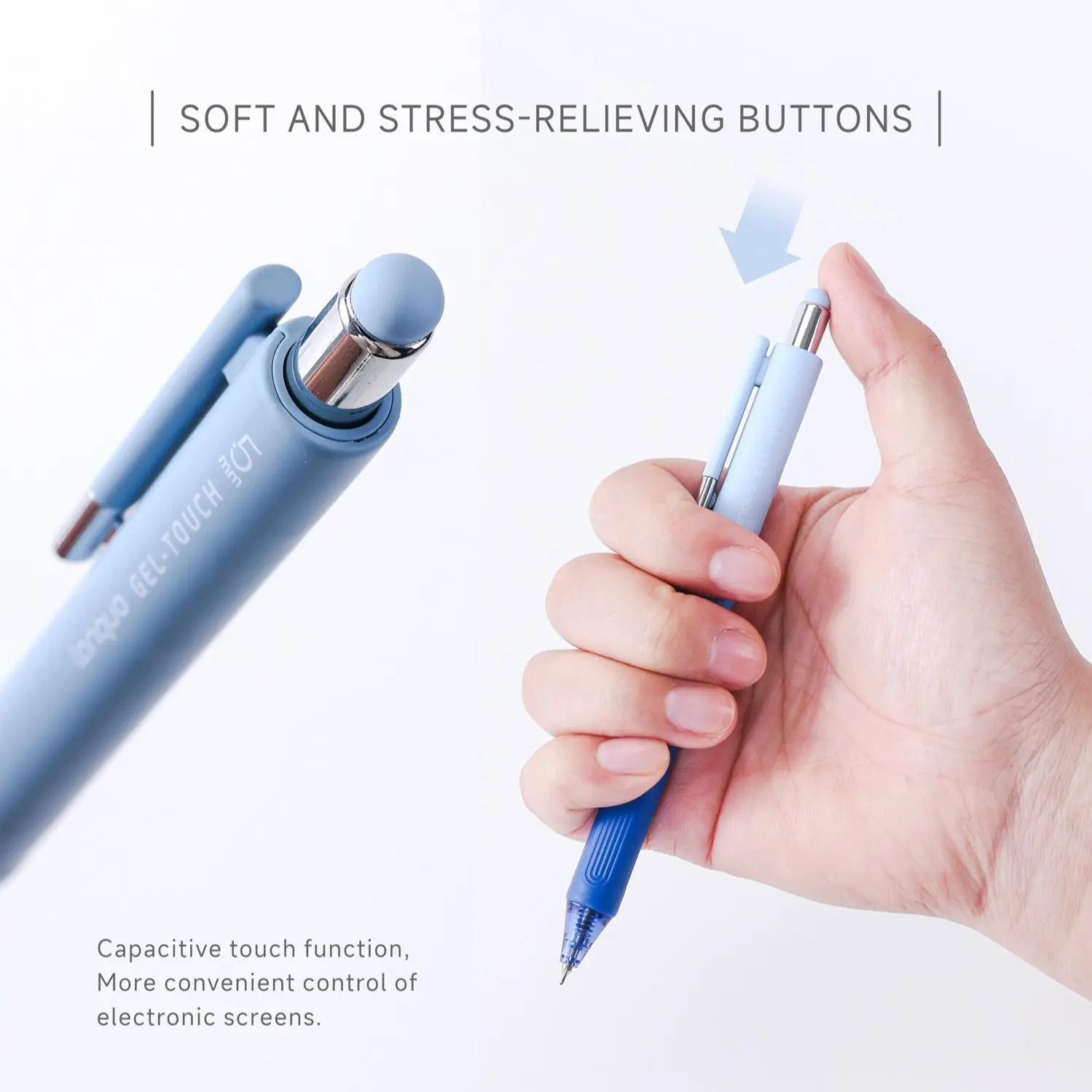 A multi-functional touch-sensitive pen with a 0.5mm stainless steel tip, internal spring mechanism, smooth ink flow, quick drying, capacitive touch functionality for easy control of electronic screens, soft, relaxing buttons, ergonomic grip with anti-slip