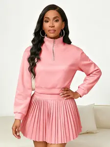 Two-piece set women's half-neck zipper design Fitted short sweatshirt and high-waisted design pleated short skirt, Casual, suitable for autumn and winter, indoor and outdoor, party, queuing to wear