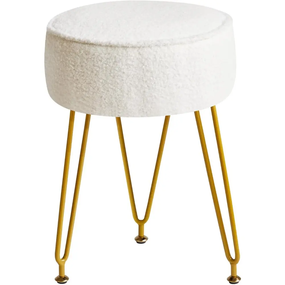 Teddy Velvet Round Footrest Stool Ottoman, Makeup Vanity Stool Side Table, Velvet Dressing Table Seat, Pouf Couch Stool, for Living Room Bedroom, White