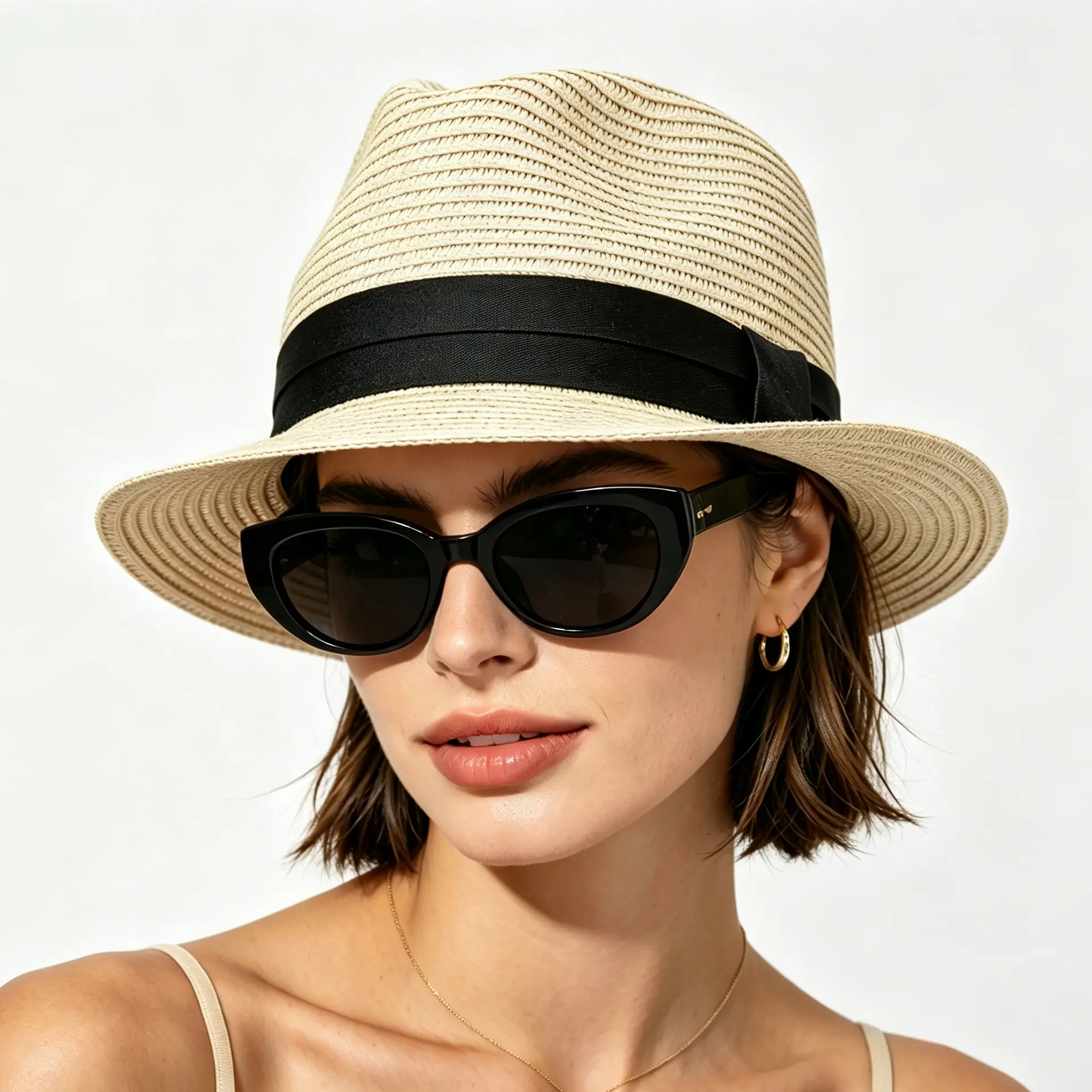 Unisex Packable Straw Fedora Hat, Foldable Roll Up Short Brim Panama Trilby Sun Hat, UPF 50 UV Protection Summer Beach Travel Hat for Women Men