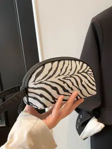 Women's Canvas Zebra Stripe Handbag, Large Capacity Half Circle Makeup Bag, Fashion Portable Cosmetic Organizer, Essential for Work and Travel, Handheld Cosmetic Pouch