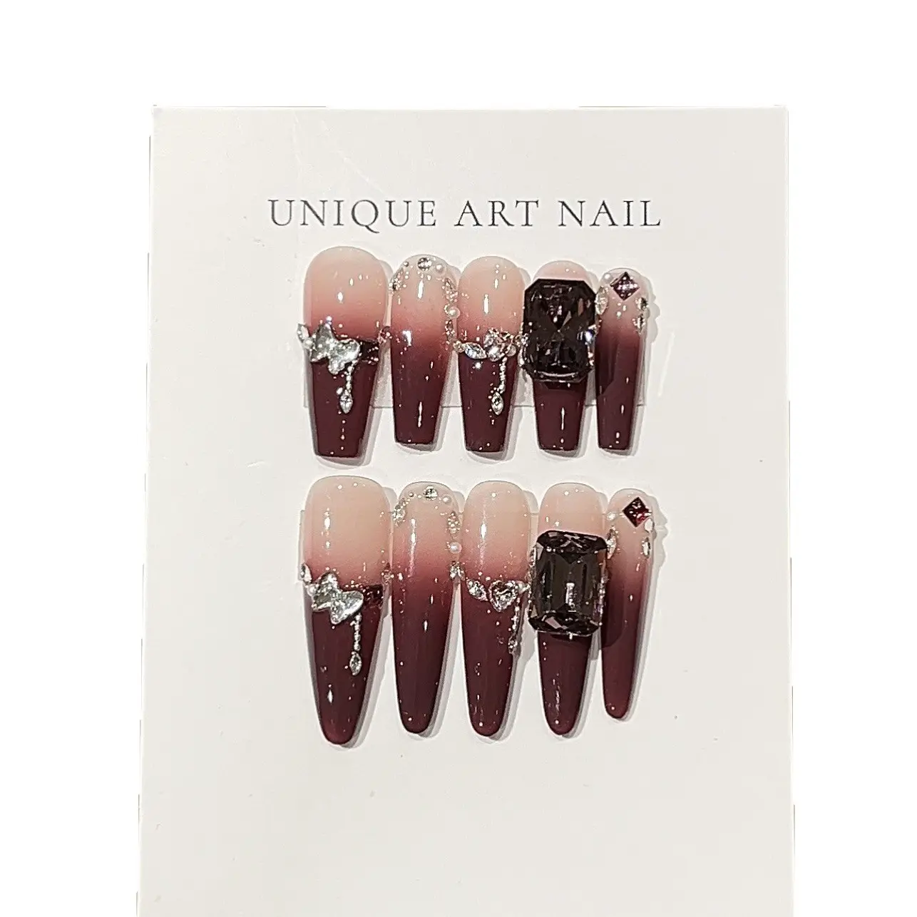 Burgundy Reusable Acrylic Press-On False Nails - Square K9 Cubic Zirconia Decor, Chain Accents, Gradient Halo Effect Nail Tips