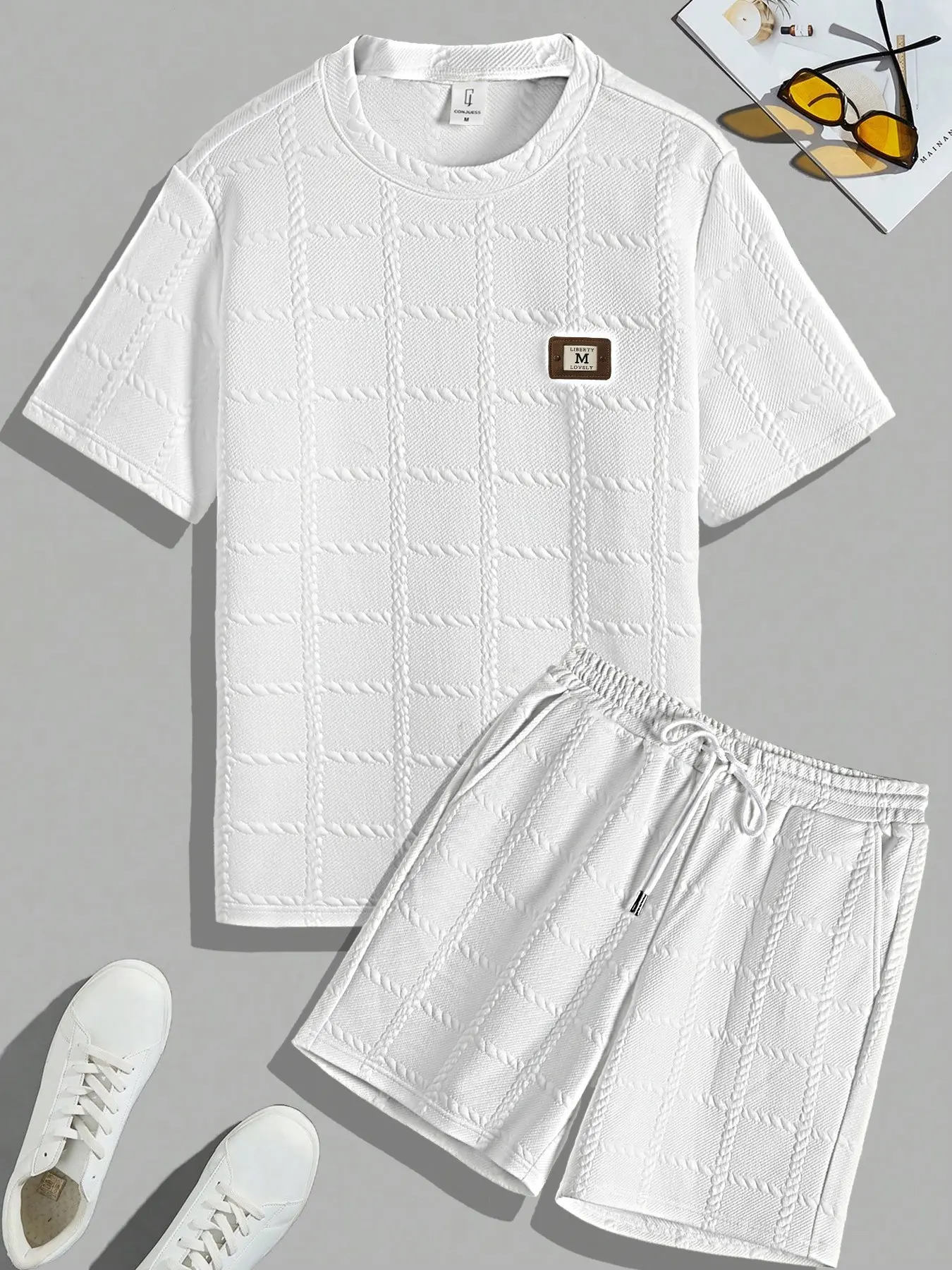 Men's White Cable Knit Textured Print 2-Piece Outfit, Crew Neck T-Shirt & Drawstring Shorts, Ultra-Soft Breathable Fabric, Classic Relaxed Fit for Outdoor Activities, Summer Vacation & Casual Streetwear, Crewneck Shorts Set