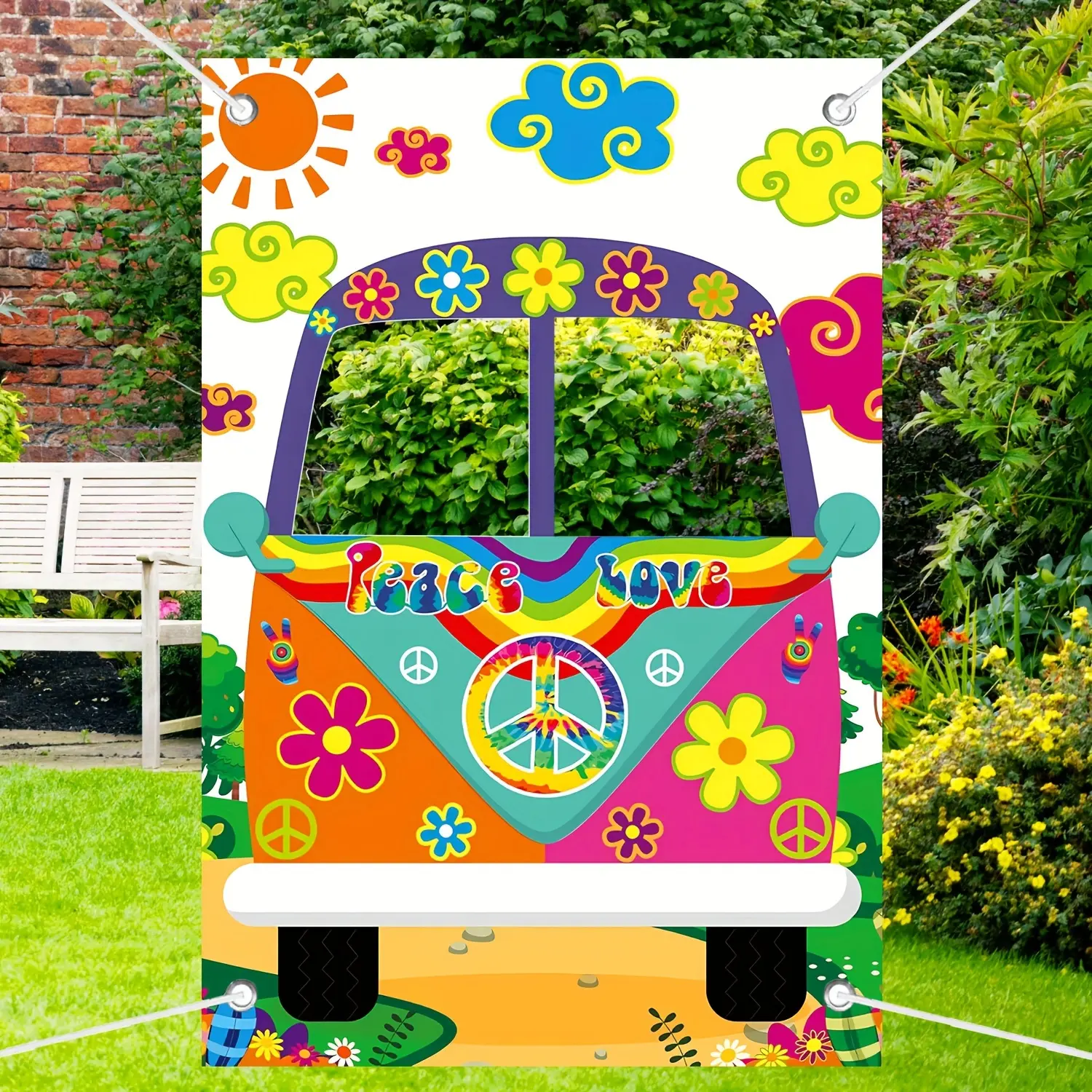 Vintage Hippie Bus Hollow Out Photo Backdrop, Large 60s & 70s Party Decor Fabric, Retro Truck Selfie Frame, Perfect for Birthdays and Events, Happy Birthday Backdrop