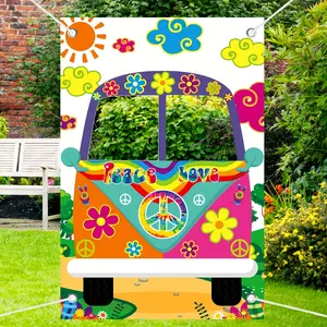Vintage Hippie Bus Photo Backdrop, Large 60s & 70s Party Decor Fabric, Retro Truck Selfie Frame, Perfect for Birthdays and Events