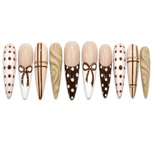 Unlock00 COCOA PLAID & PEARL - Almond Handmade Press On Nails | Easy To Apply, Long Lasting, High Quality