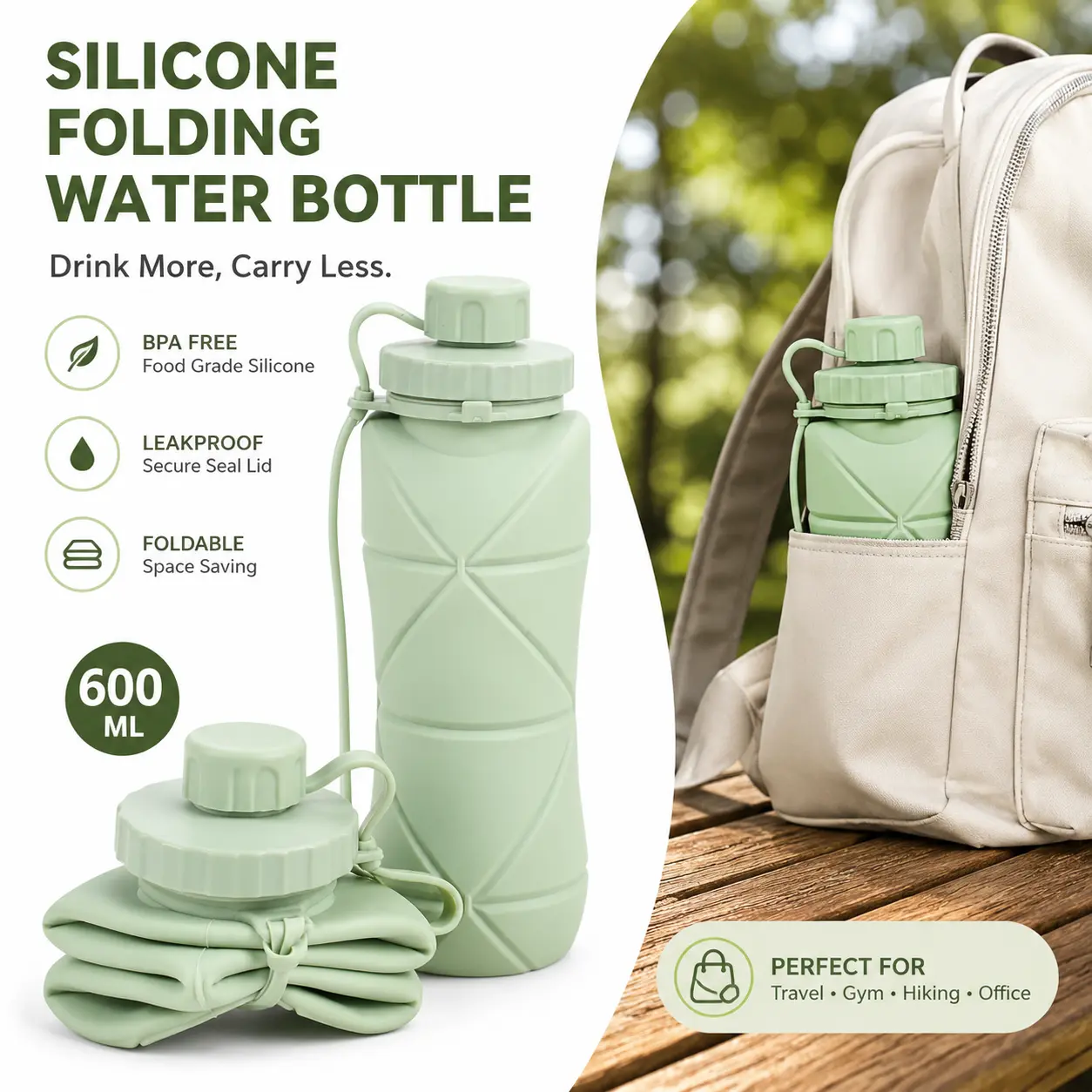 20oz Collapsible Silicone Water Bottle - Lightweight, Leakproof, Space-Saving Foldable Sports Bottle for Gym, Outdoor Trips, Home Supplies Use