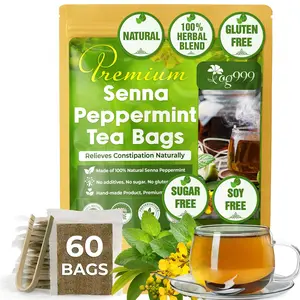 60 Tea Bags Relieves Constipation Natural Tea, Blend of Senna Leaves - Peppermint - Licorice - Fennel, 100% Natural Ingrendients, Hand-made Herbal Tea, No Sugar, No Caffeine, No Gluten, Vegan.