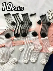 Women's Plaid Print Sheer Mid-calf Socks, Fashion Casual Comfy Breathable Socks for Daily Outdoor Wear, Women Socks for All Seasons, Breathable Fabric Socks, Socks Set