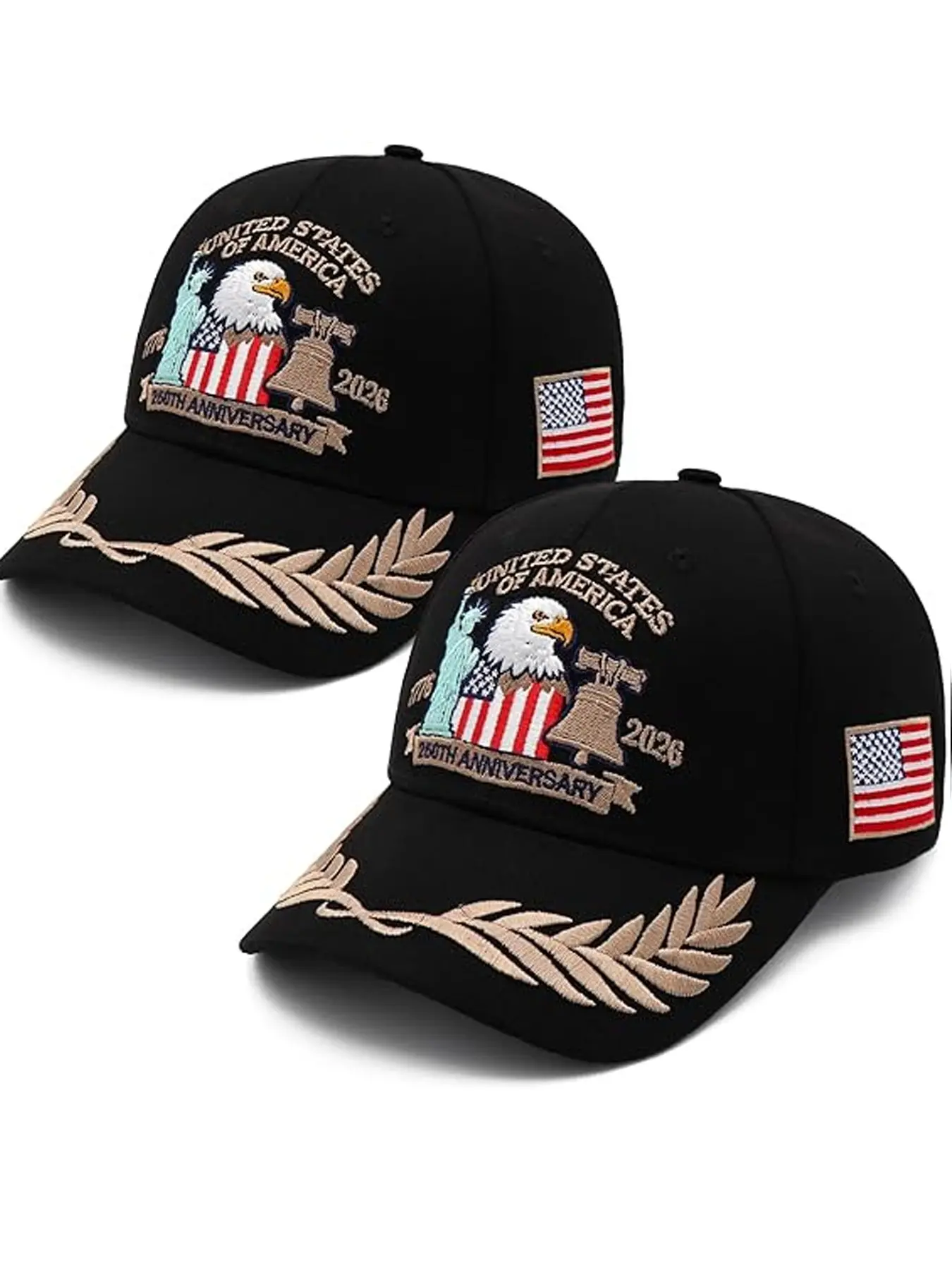 2 Pack 250 Anniversary USA Hat Embroidered Eagle & Liberty，Adjustable Patriotic American Flag Baseball Caps for Men Women Embroidery Cap Casual Hat
