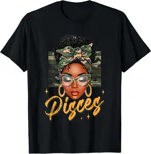 100% Cotton Pisces Queen Black Women Camo Afro Girl Zodiac Birthday T-Shirt