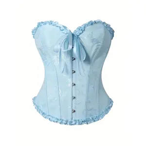 Women's Light Blue Floral Print Corset Top - Front Zipper Back Tie Shaping Bustier, Ruffle Design, Hand Wash Only