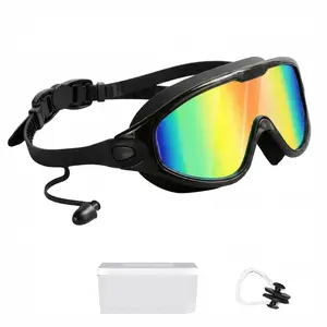 Anti-Fog Swim Goggles Wide 180° View UV Protection Leakproof Soft Silicone Comfortable Fit Adjustable Strap with Nose Clip Ear Plugs and Storage Case, Swim Kit, Water Goggles
