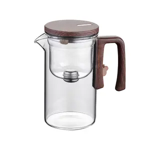 720ML Water Separation Glass Teapot with Wooden Handle, Press-Control Tea Infuser, Spout, Magnetic Filter, Stemless Design for Loose Tea, Includes Teacup