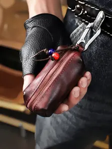 1 PC Vintage Leather Wallet with Zipper Key Holder, Mini Waist Bag for Men and Women, Genuine Cowhide Car Key Organizer, Unisex Accessory