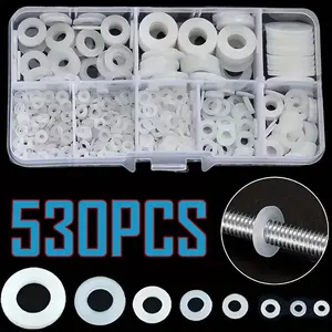 530pcs Compatible for M2-M10 (M2-M10) Size Range White Nylon Coated Flat Gasket Sealing Rings - High-Temp Resistant, Marine-Grade Fastening Accessories with Transparent Box, Organized Storage, Durable Electrical & Connections ( Coated with Nylon)