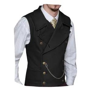 Men’s suede double-breasted vest — a classic groom/wedding vest made of leather with wide lapels and a flat collar; suitable as a formal outfit and as a gift for a father; available in beige, black, and purple. GARMENTARY