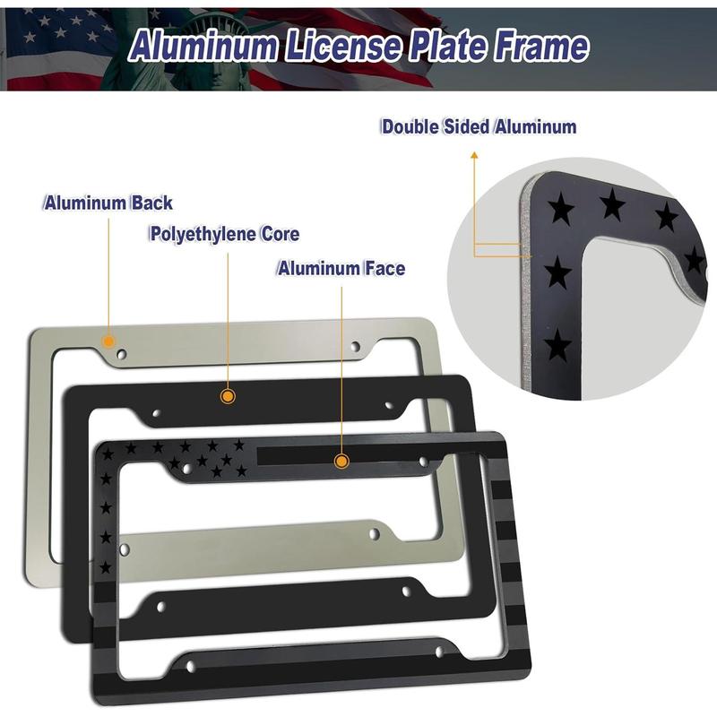 Flag License Plate Frames- 2 Pack Black Grey Patriotic  Aluminum  Tag Holder Cover for Front Rear, with Screws Caps