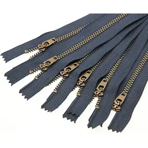 #4 Metal Zipper for Jeans 7" Antique Brass Y- Zipper 7 inch Close End Jeans Zippers 6 count (Navy-Brass)