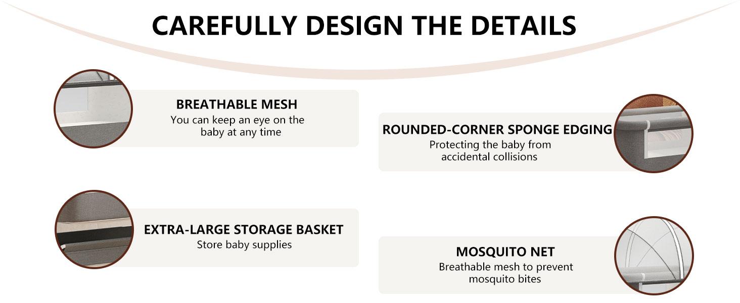 Baby Bassinet,3 in 1 Baby Bassinets Bedside Sleeper with Wheels and Mosquito Net,Bedside Bassinet for Baby with Comfy Mattress, Mattress&Breathable Mesh,Storage Basket Adjustable 3-in-1