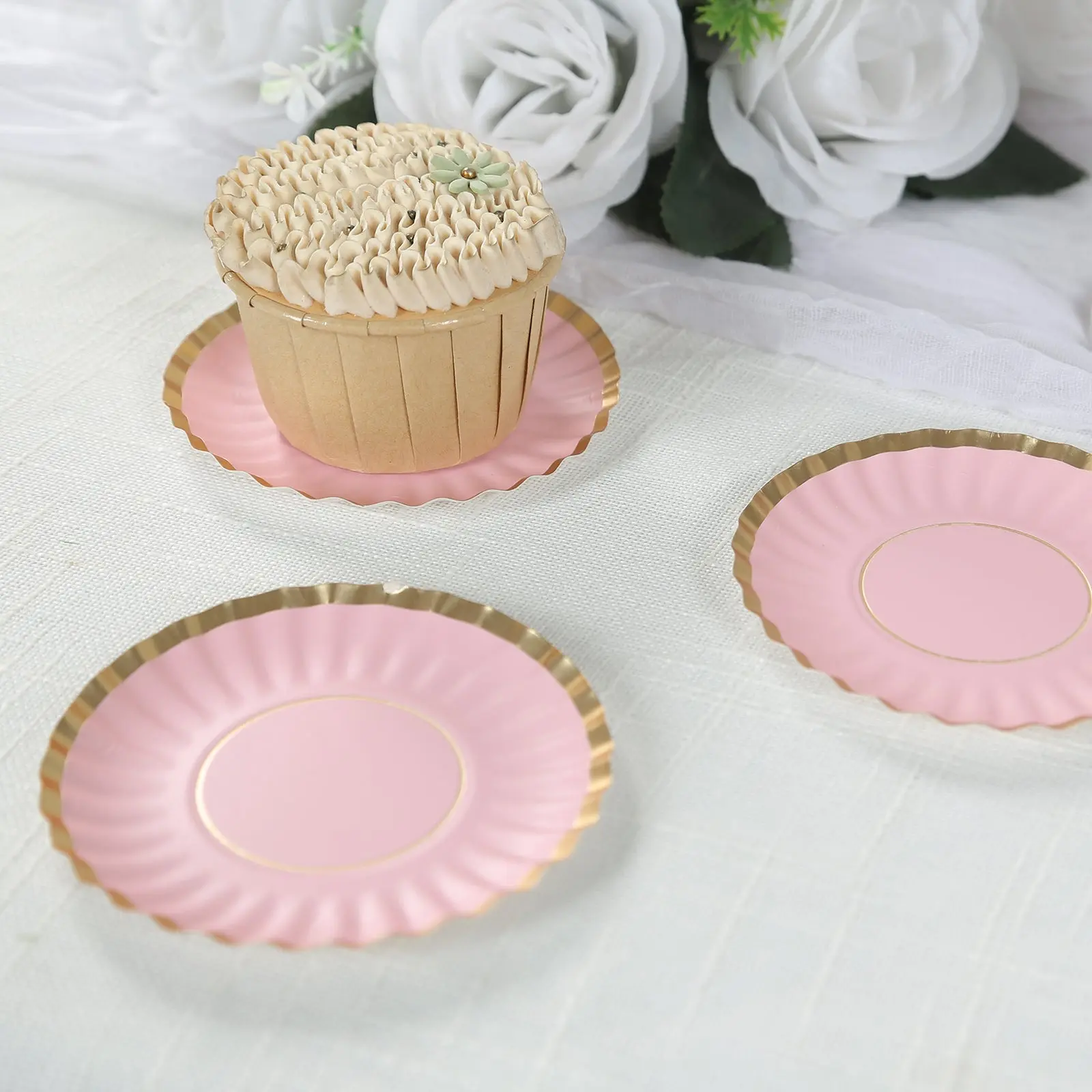 Disposable Dinnerware, 50-Pack 3.5in Blush Pink 250 GSM Paper Mini Plates with Gold Foil Scalloped Rim, Elegant Plates for Wedding Festive Party Tableware Supplies